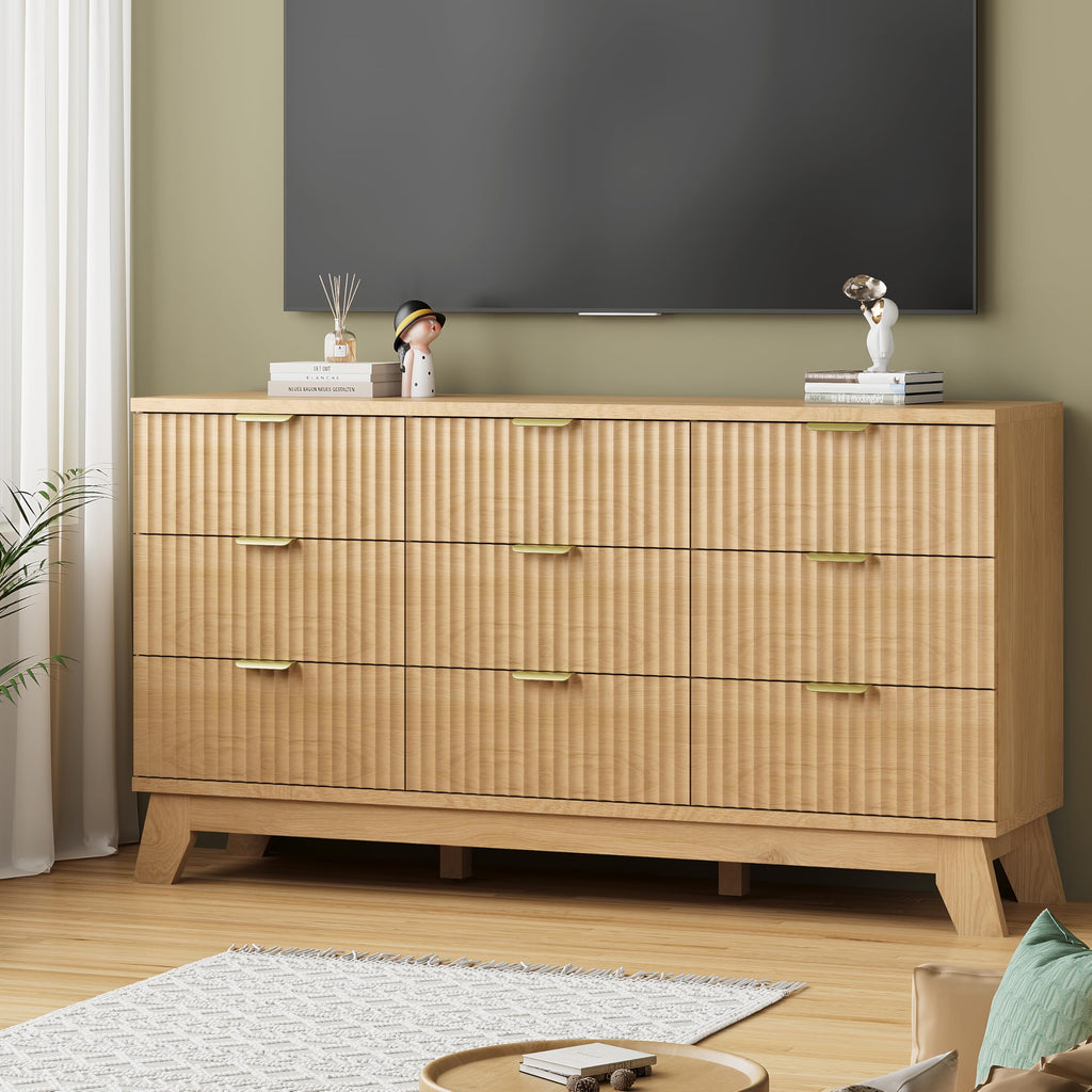 Natural Oak 9 Drawer Fluted Wood Dresser U842