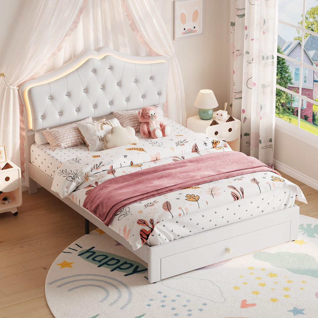 Beige Full Size Bed Frame with LED Lights Headboard J770
