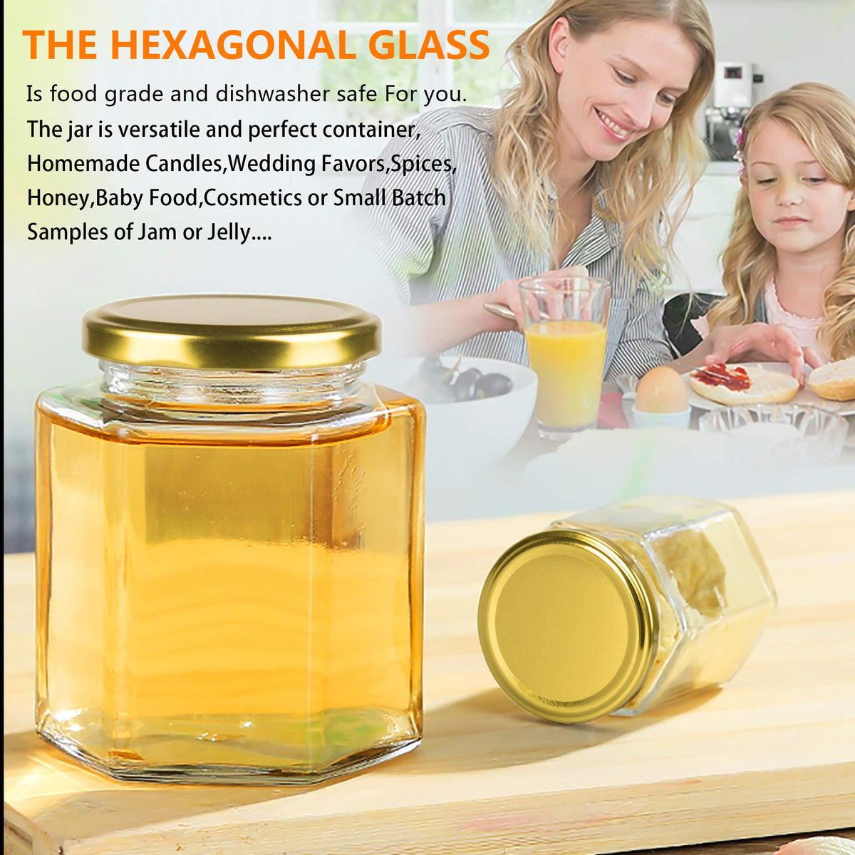 16 oz Hexagon Glass Honey Jars with Lids, 12 Pack M53469