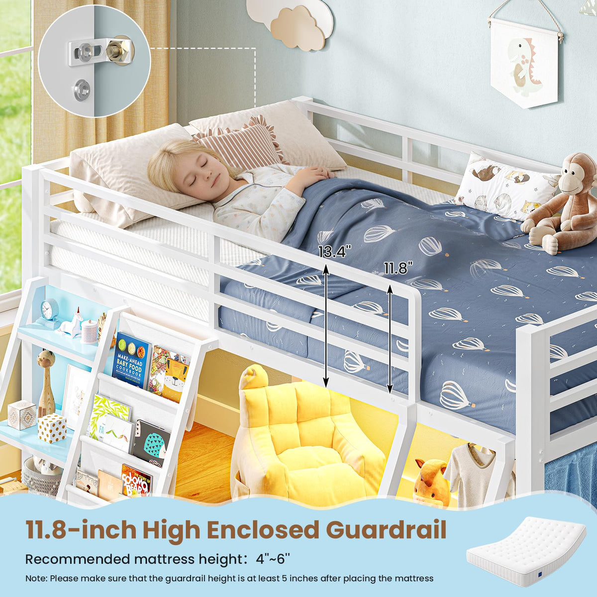 White & Blue Twin Loft Bed with 7 Storage Drawers X602187