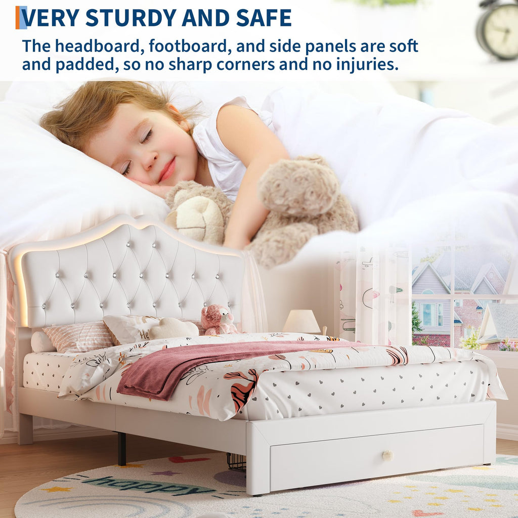Beige Full Size Bed Frame with LED Lights Headboard J770