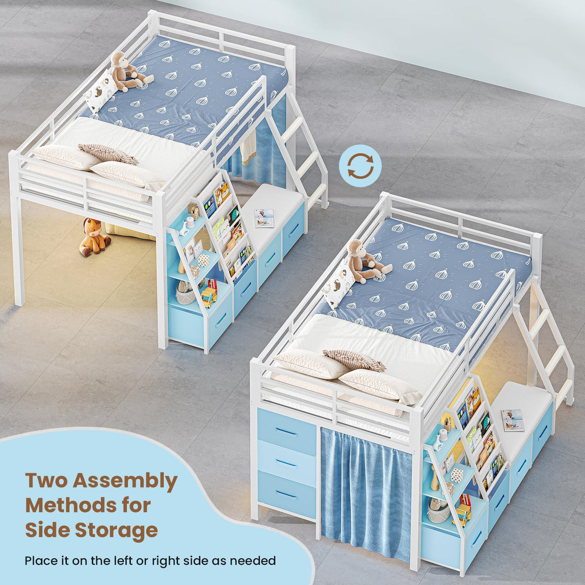 White & Blue Twin Loft Bed with 7 Storage Drawers X602187