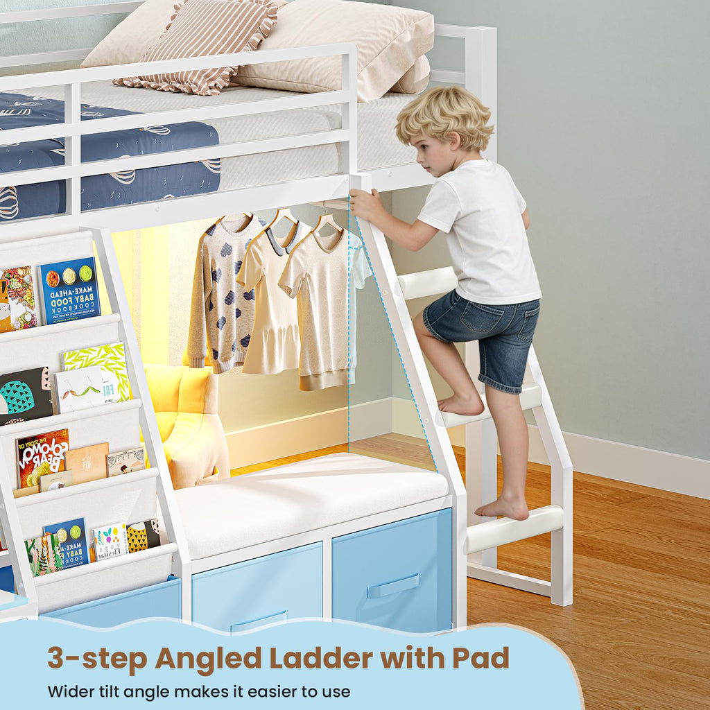 White & Blue Twin Loft Bed with 7 Storage Drawers X602187