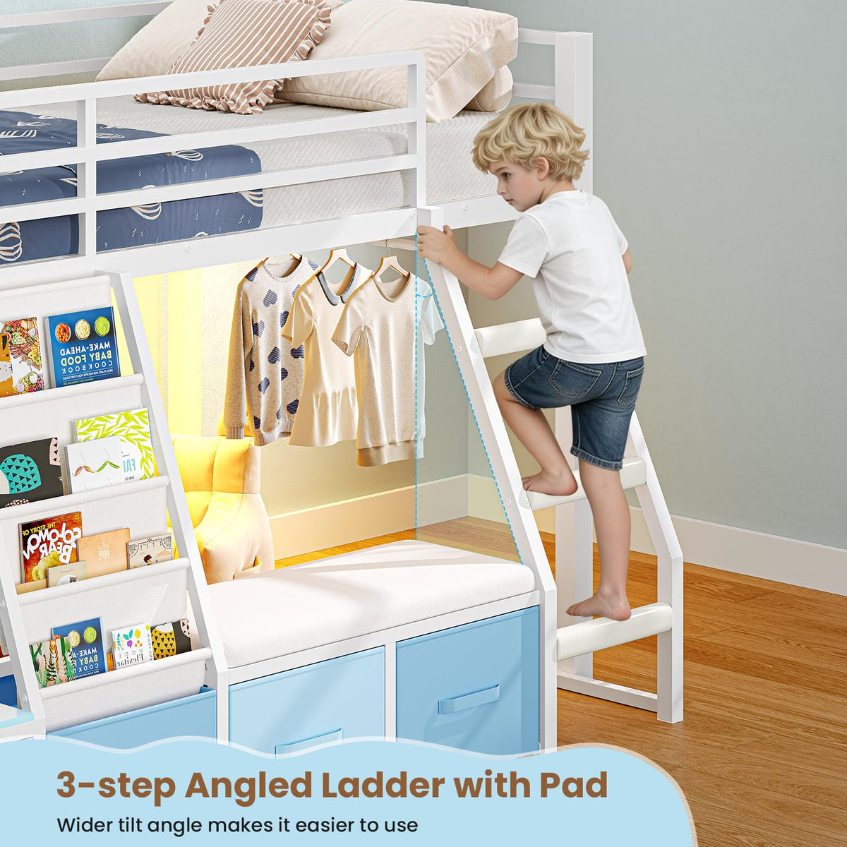 White & Blue Twin Loft Bed with 7 Storage Drawers X602187