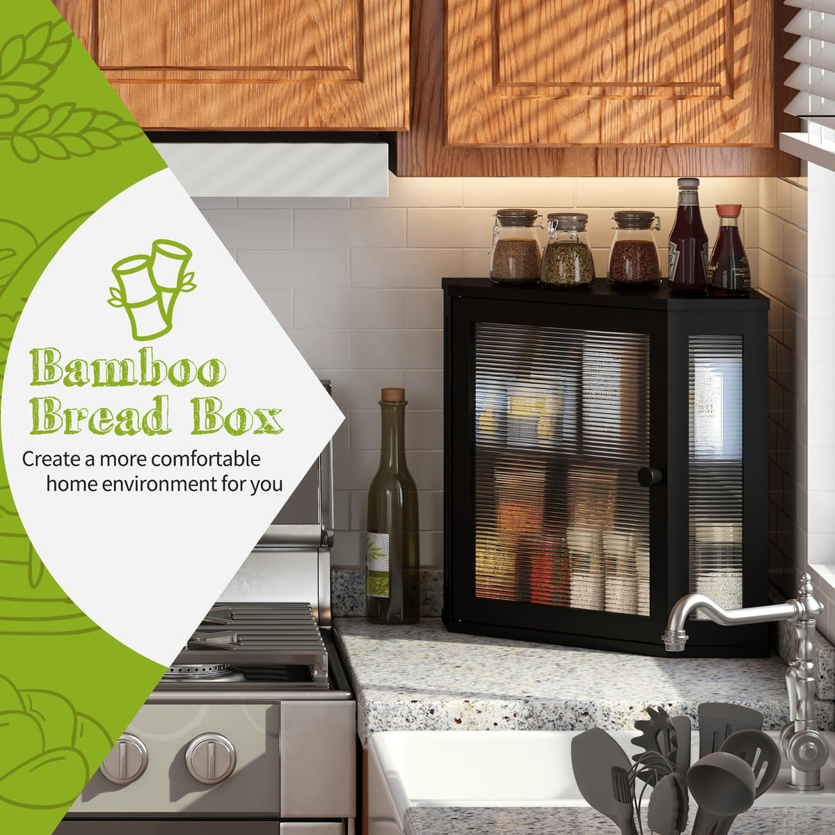 Black Medium Double Layer Bamboo Bread Box B882726