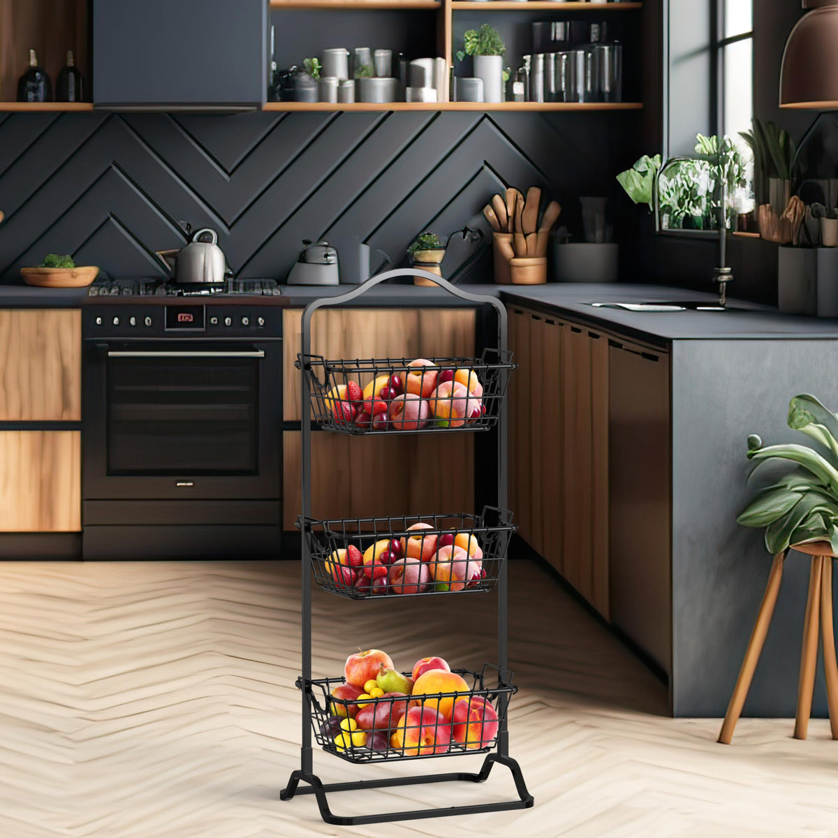 3-Tier Wire Fruit Basket Stand, Black V959