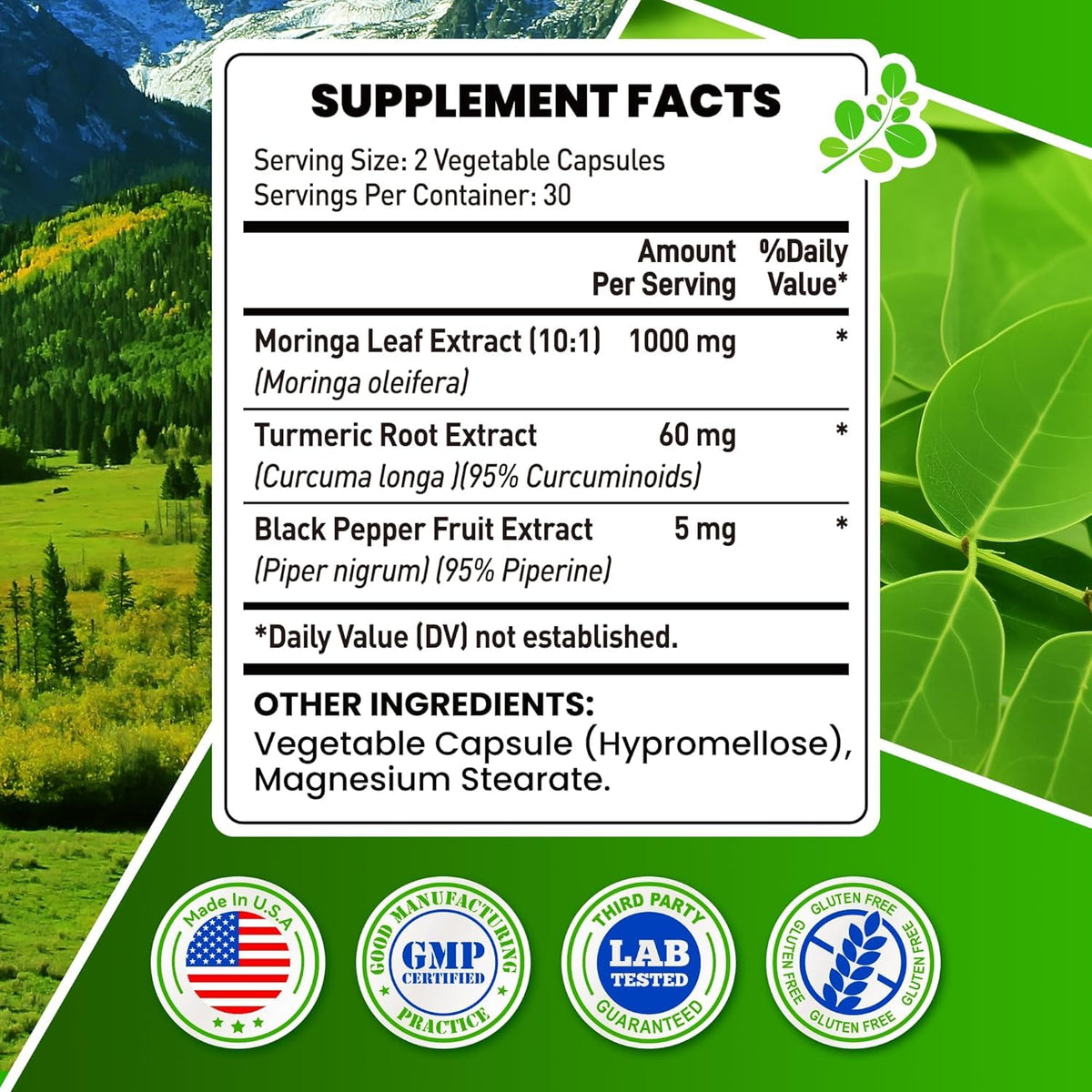 Moringa Capsules 1000mg 10:1 Leaf Extract 60 Veg Capsules V73828