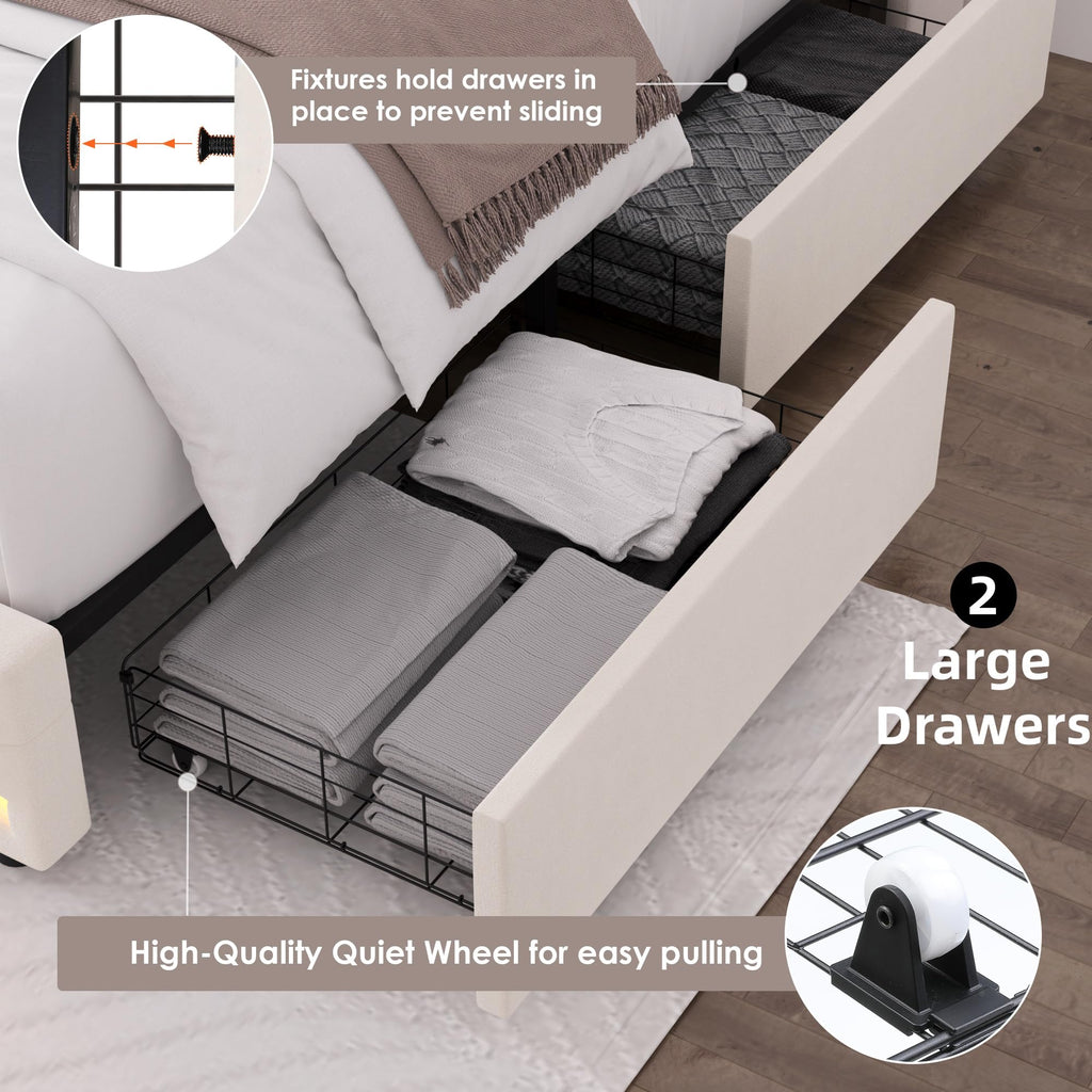 Beige Upholstered Full LED Bed Frame with Storage H347375