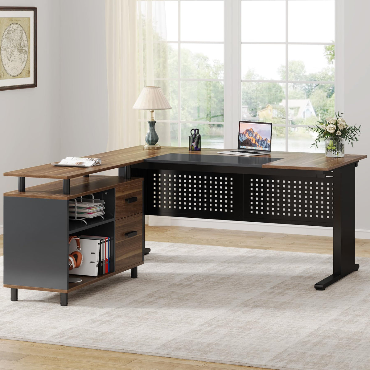 63 Inch L Shaped Computer Desk with File Cabinet and Storage Shelves Y312264