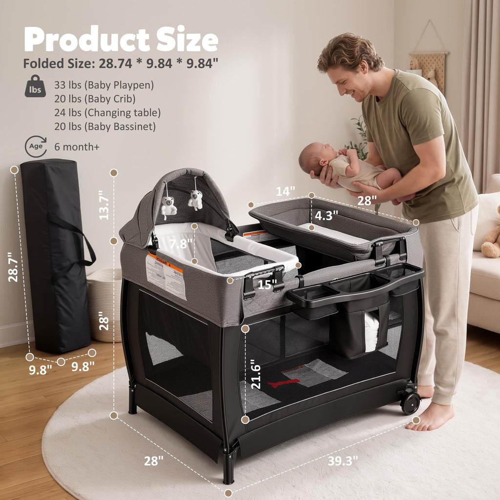 4 in 1 Foldable Pack and Play with Bassinet & Changing Table E8364