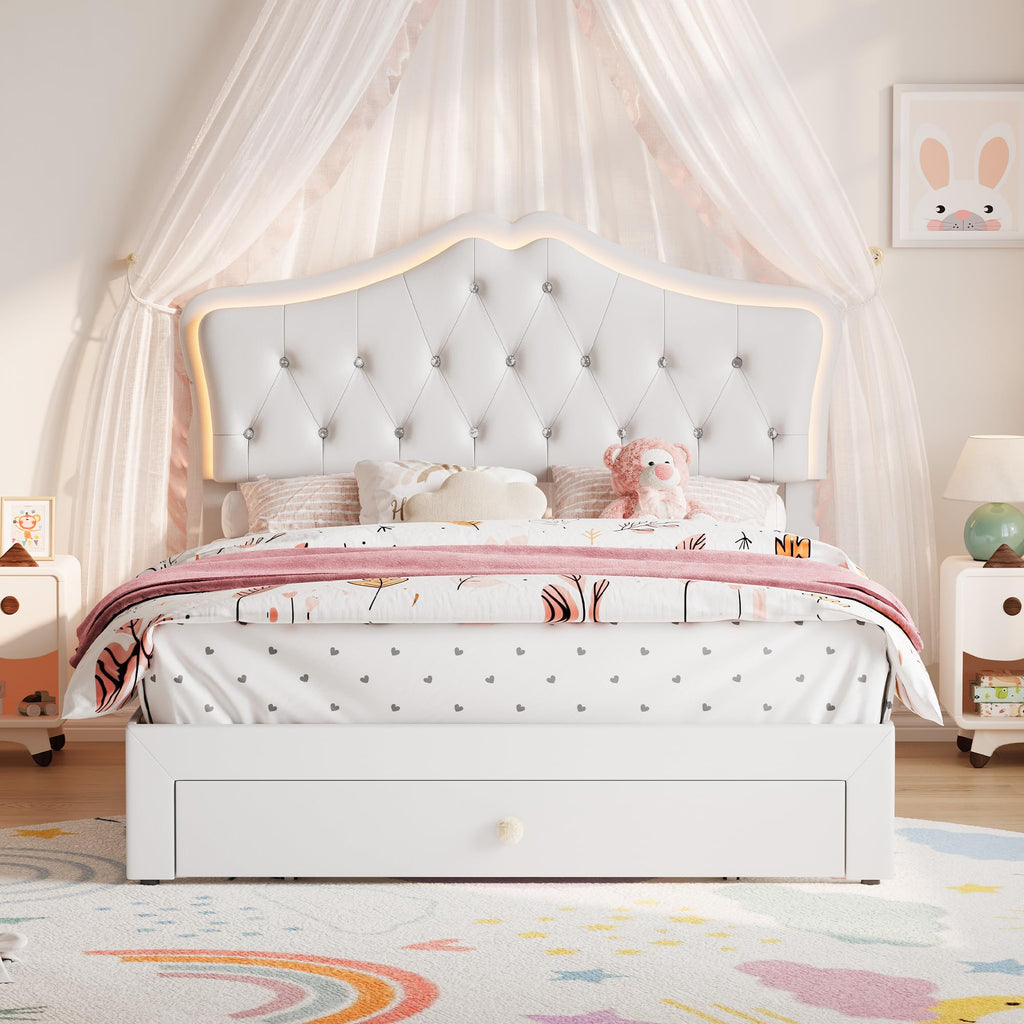 Beige Full Size Bed Frame with LED Lights Headboard J770