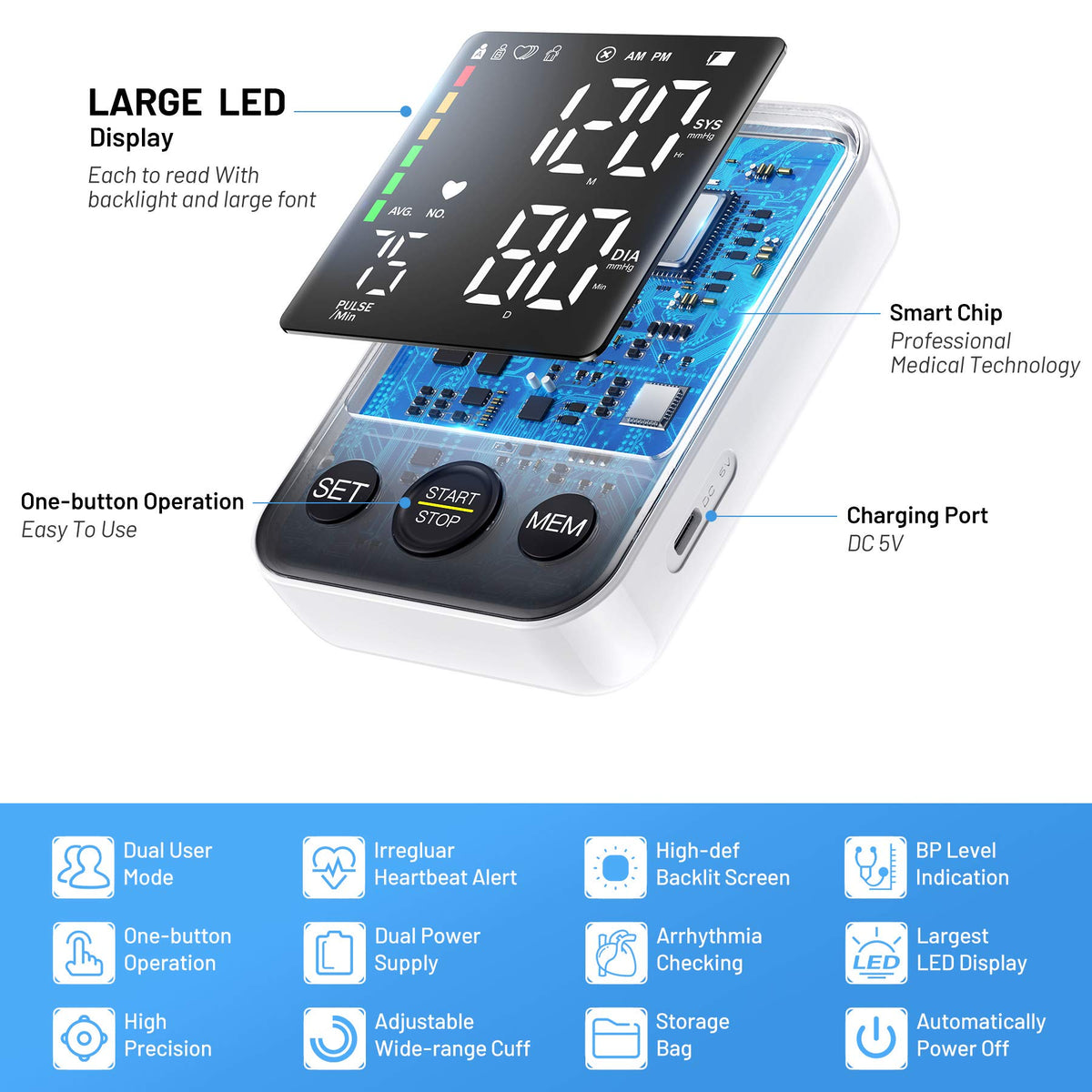 Black Upper Arm Blood Pressure Monitor with Adjustable Arm Cuff and Large Display U52193