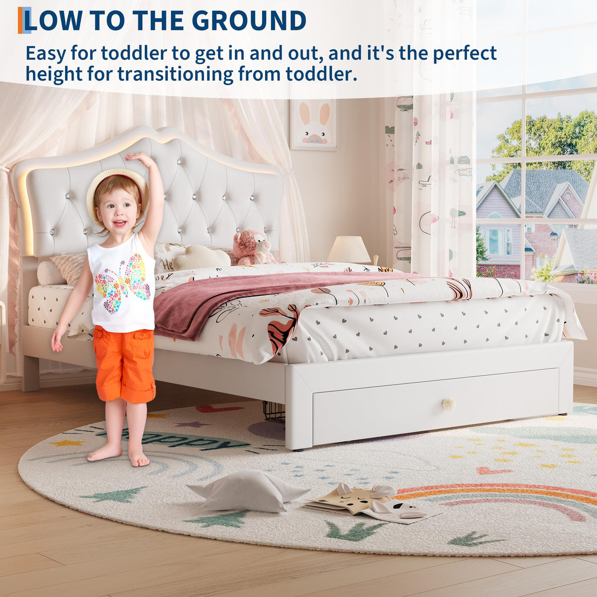 Beige Full Size Bed Frame with LED Lights Headboard J770