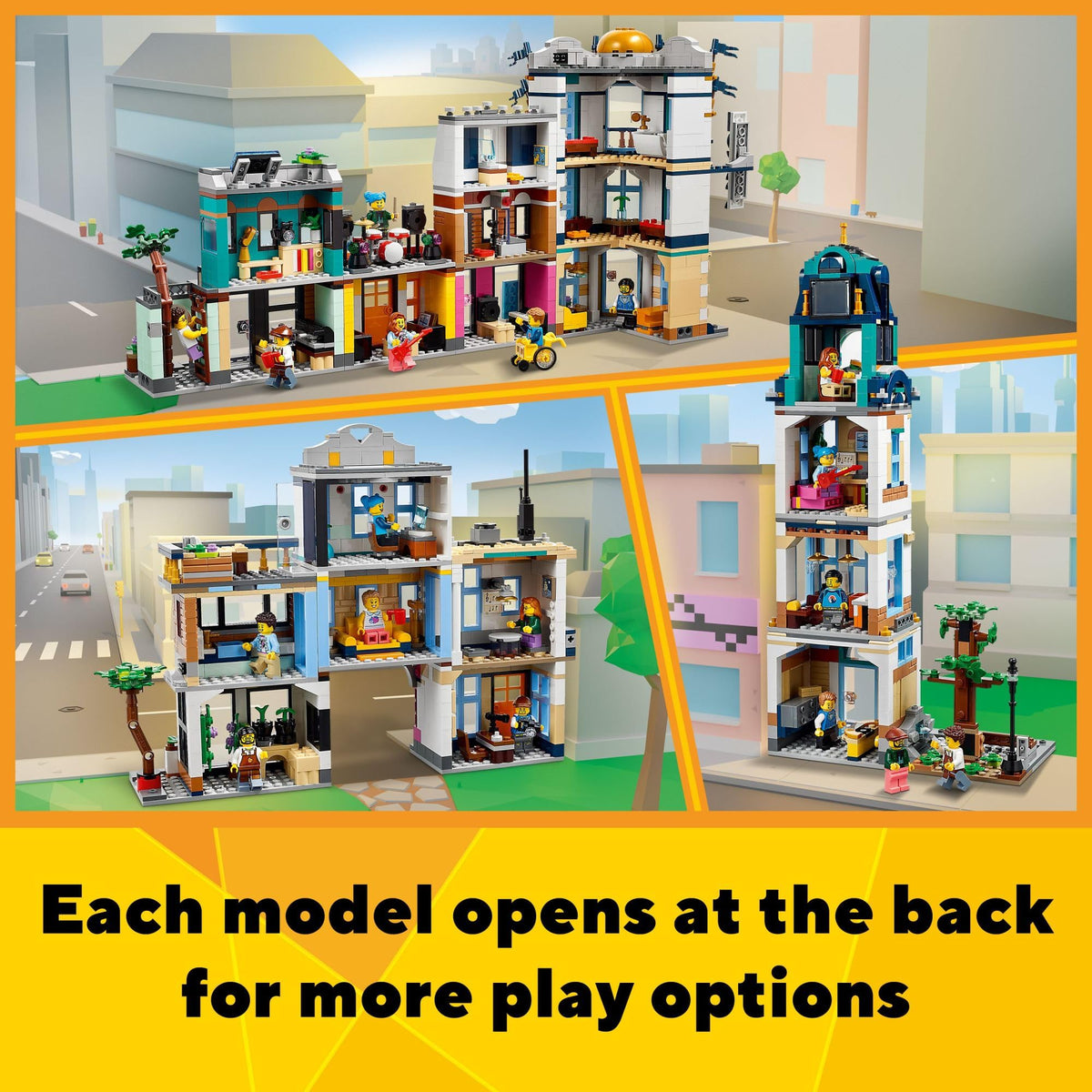 Building Toy Set, 3 in 1 City Art Deco Building, Market Street Hotel, Café Music Store and 6 Minifigures Q567008