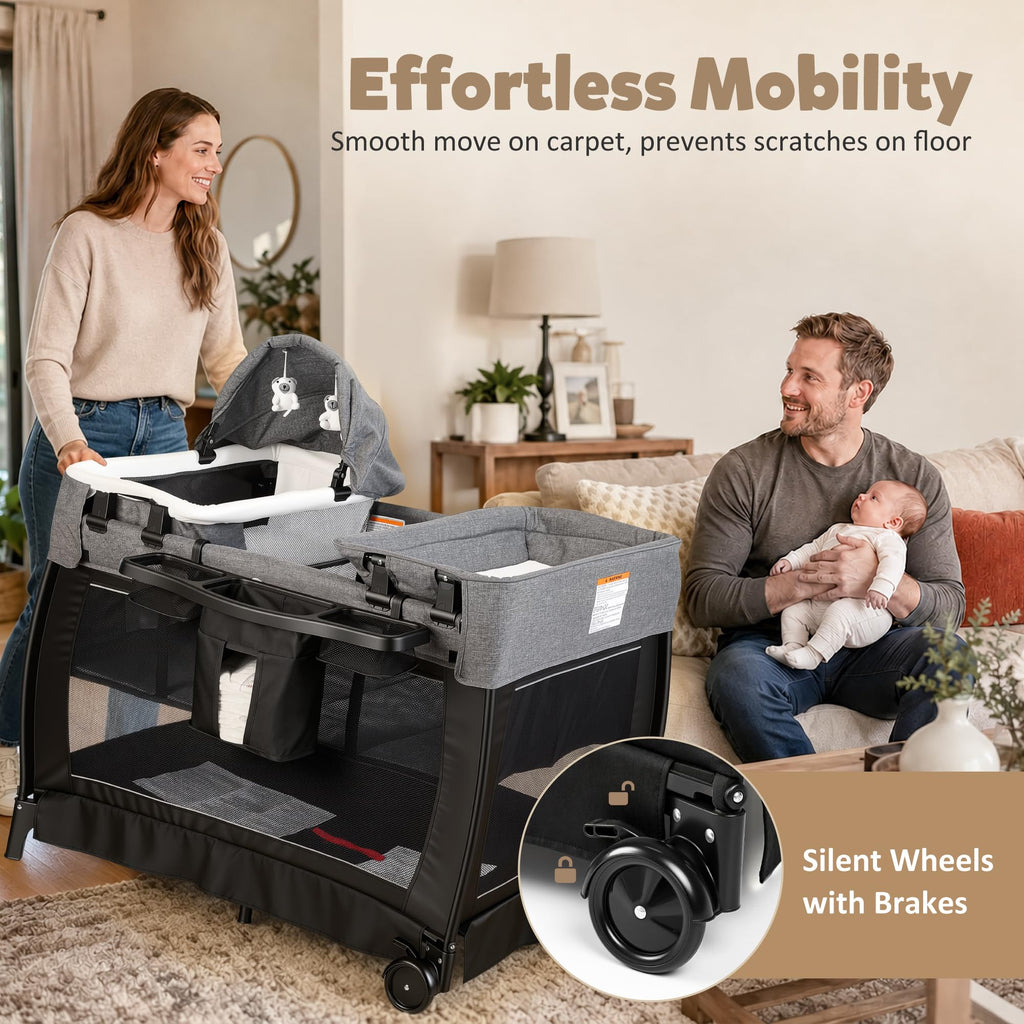 4 in 1 Foldable Pack and Play with Bassinet & Changing Table E8364