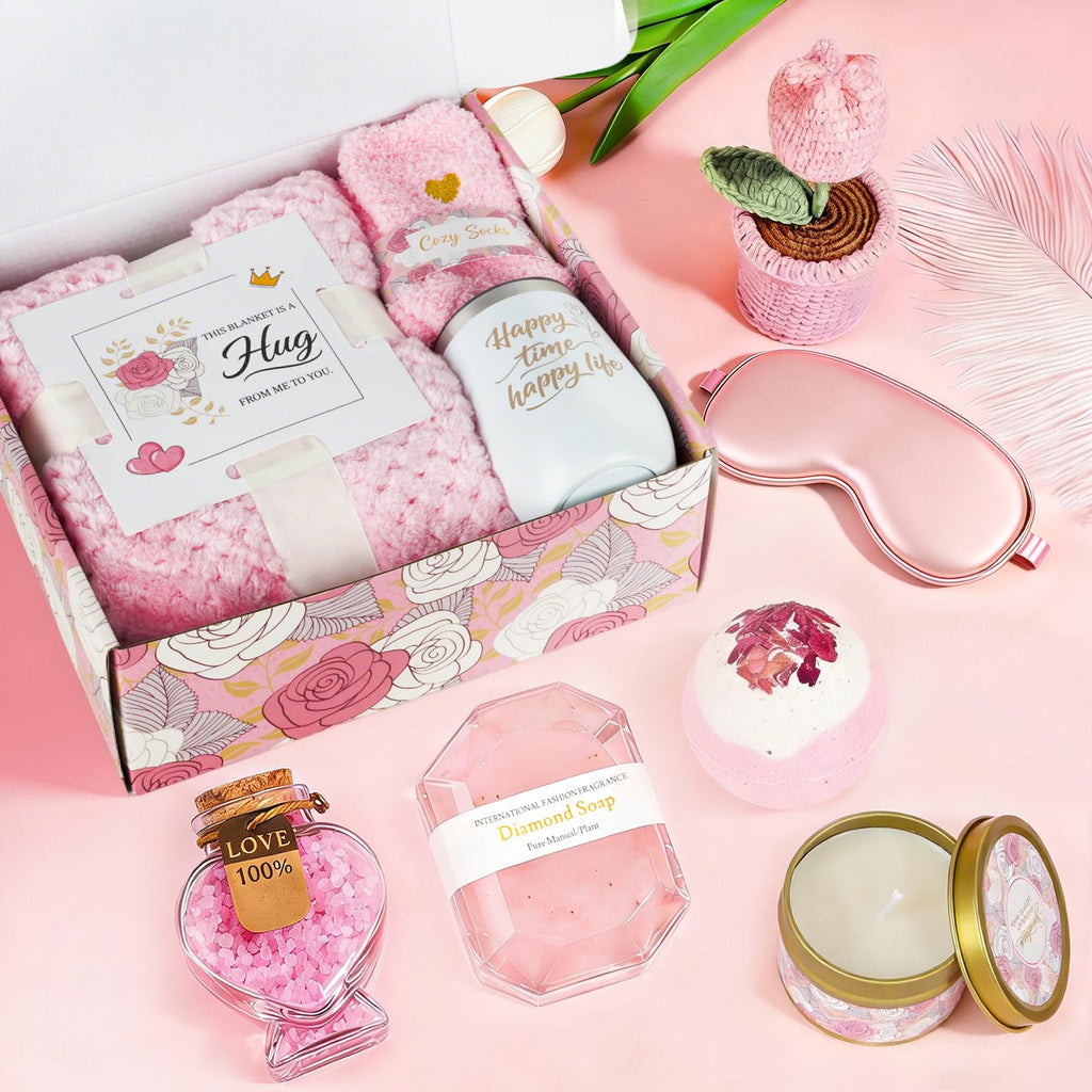 Spa Gift Set with Blanket, Tumbler, Eye Mask, Fuzzy Socks V519