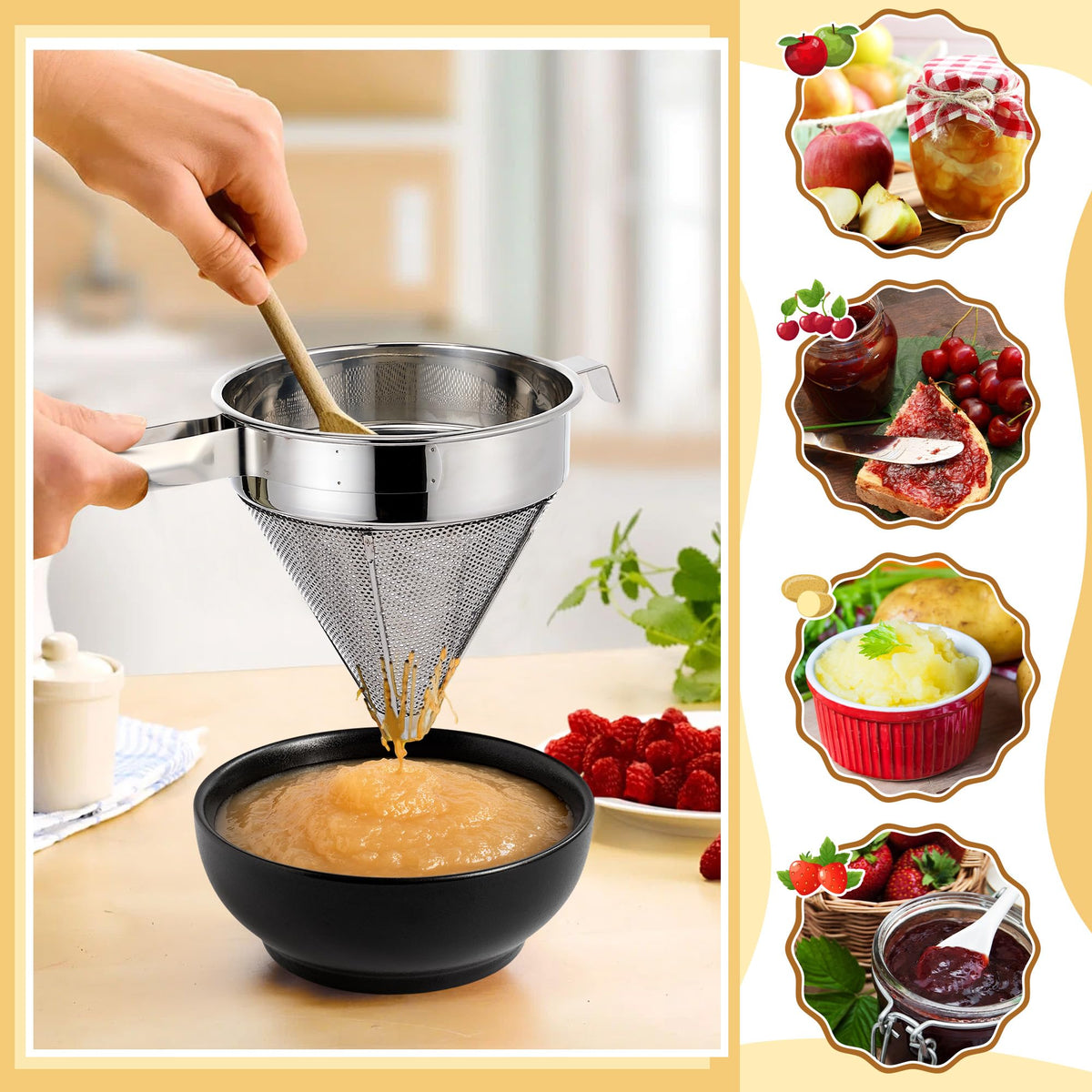 Stainless Steel Chinois Strainer with Stand and Wooden Pestle A736