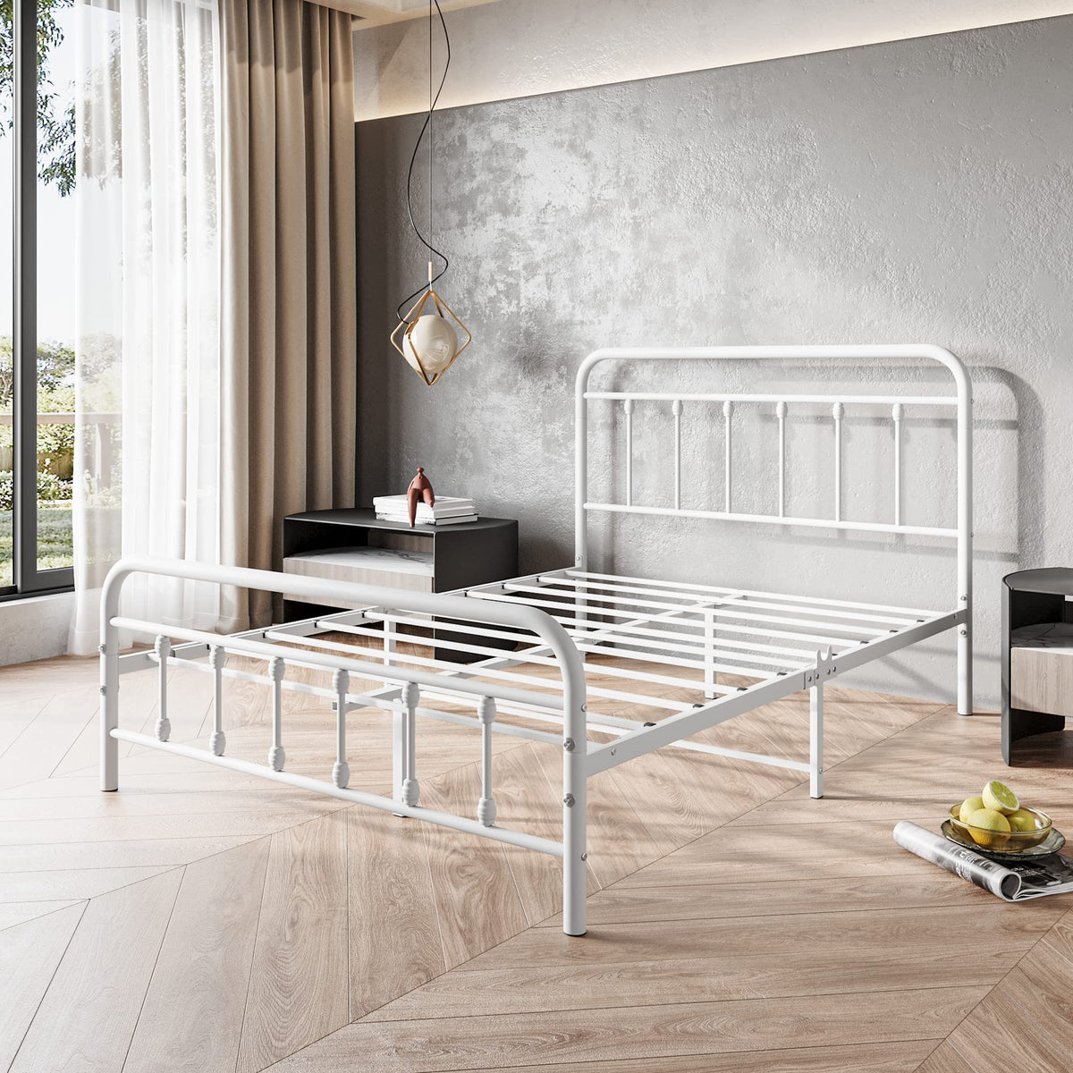White Full Size Metal Bed Frame with Headboard and Footboard U794