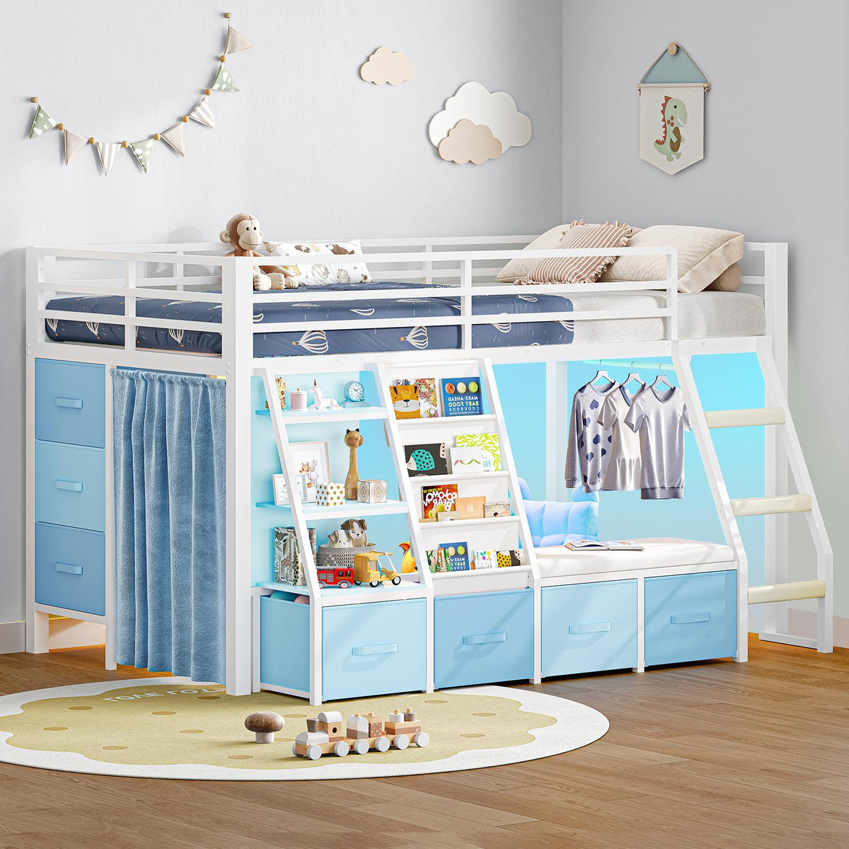 White & Blue Twin Loft Bed with 7 Storage Drawers X602187