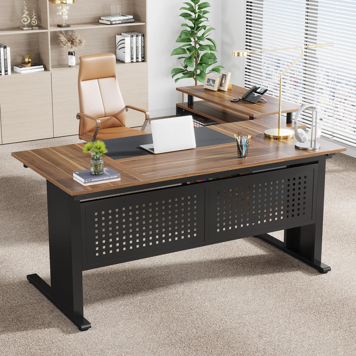 63 Inch L Shaped Computer Desk with File Cabinet and Storage Shelves Y312264