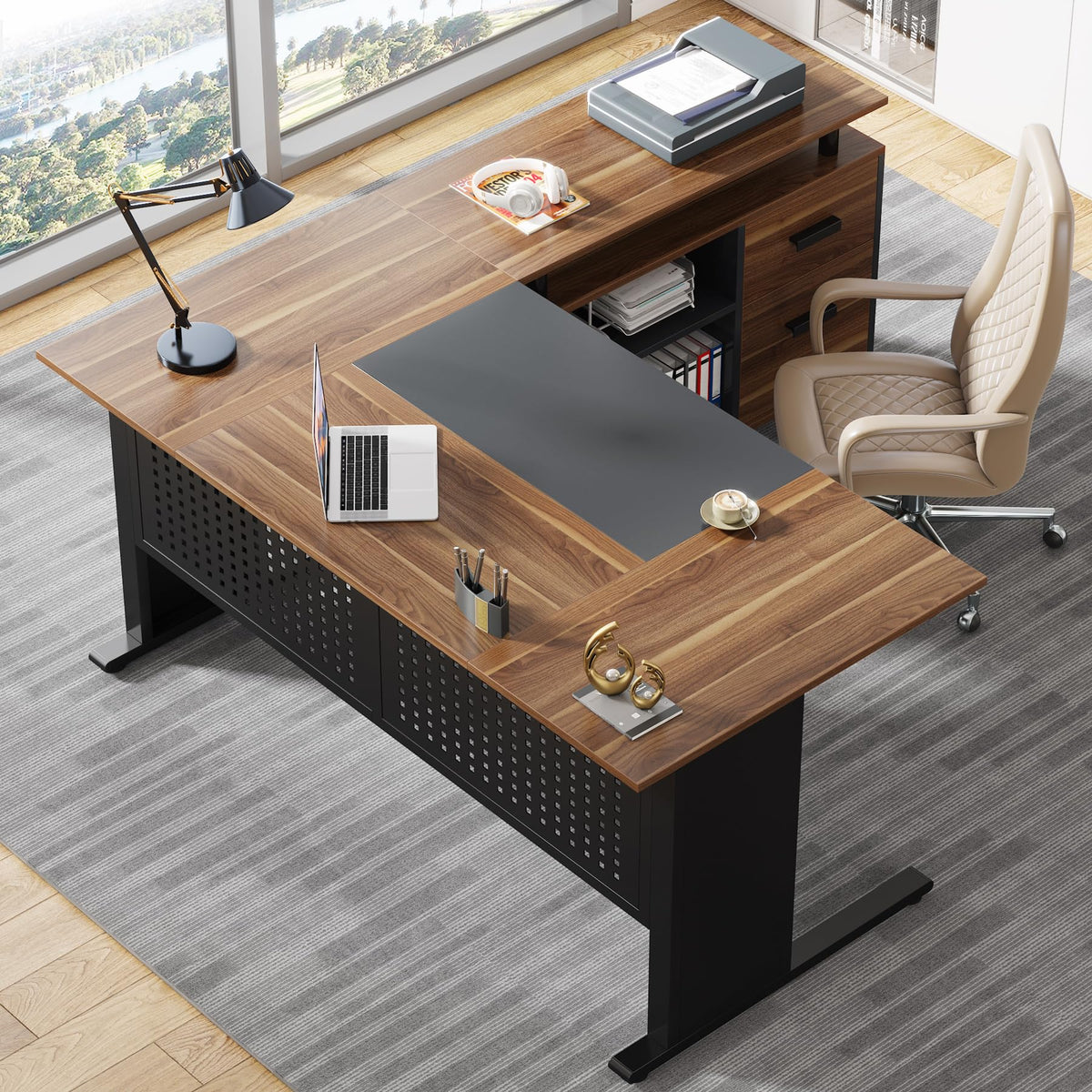 63 Inch L Shaped Computer Desk with File Cabinet and Storage Shelves Y312264