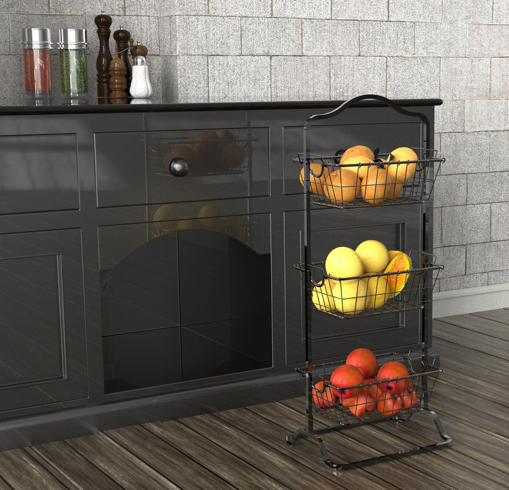 3-Tier Wire Fruit Basket Stand, Black V959