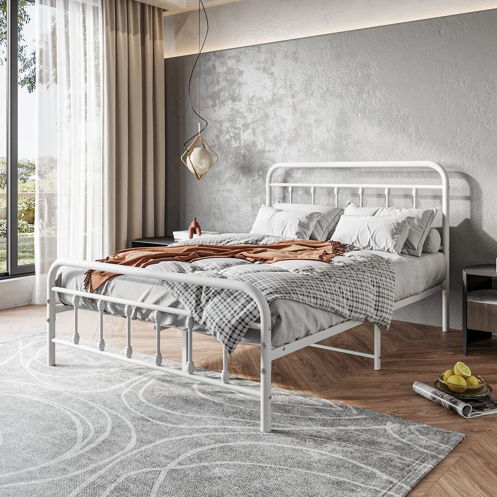White Full Size Metal Bed Frame with Headboard and Footboard U794