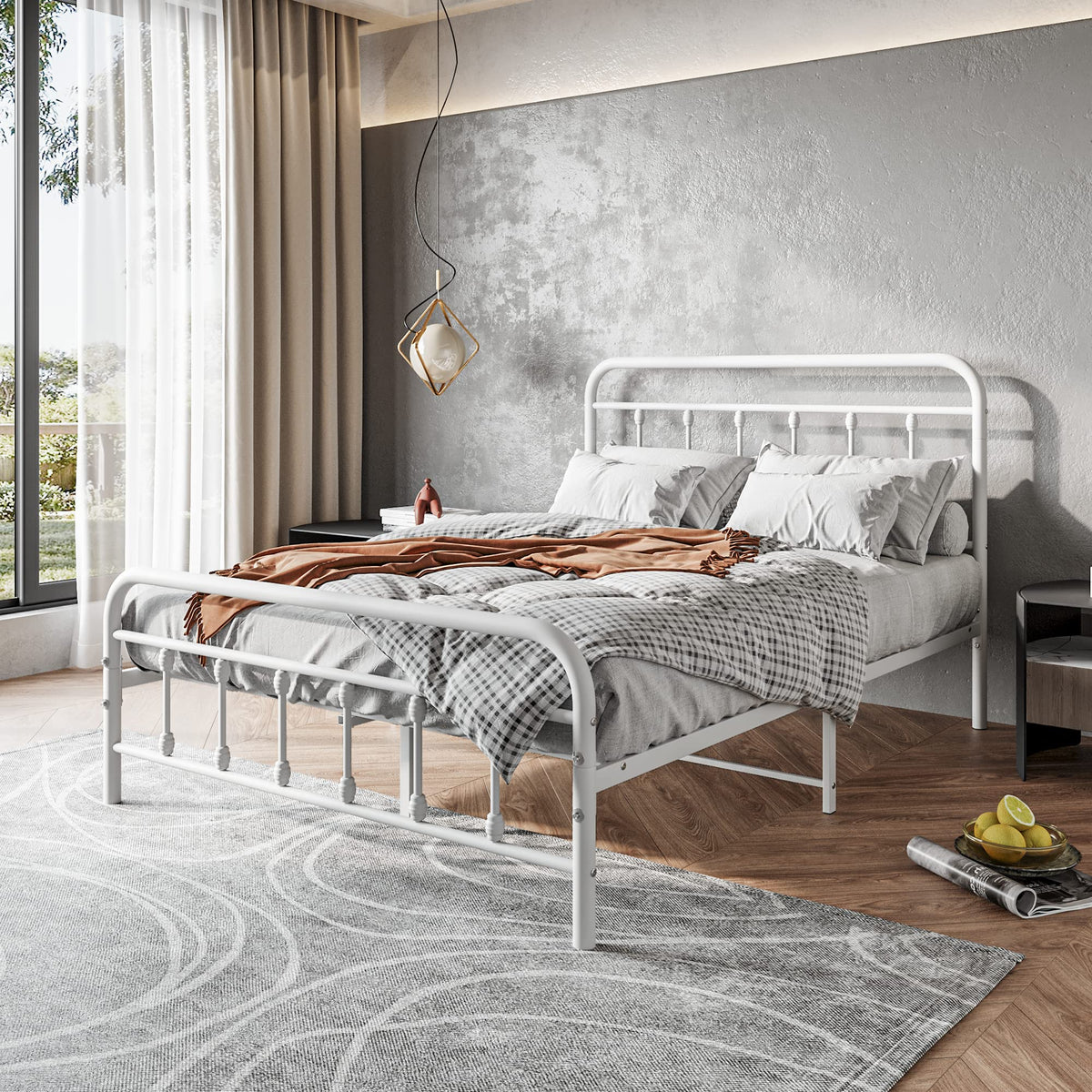 White Full Size Metal Bed Frame with Headboard and Footboard U794