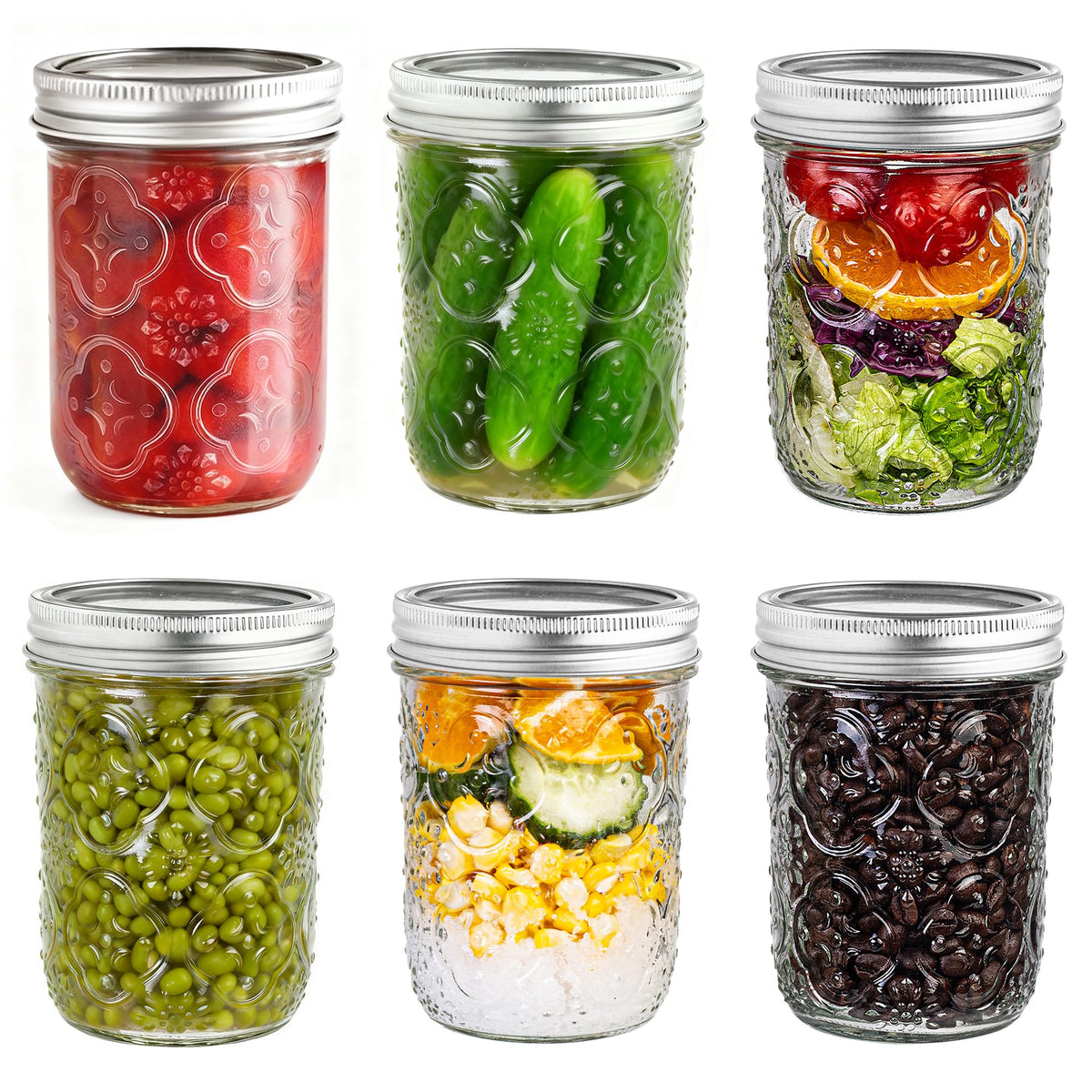 16oz 6 Pack Wide Mouth Glass Mason Jars with Metal Lids X985