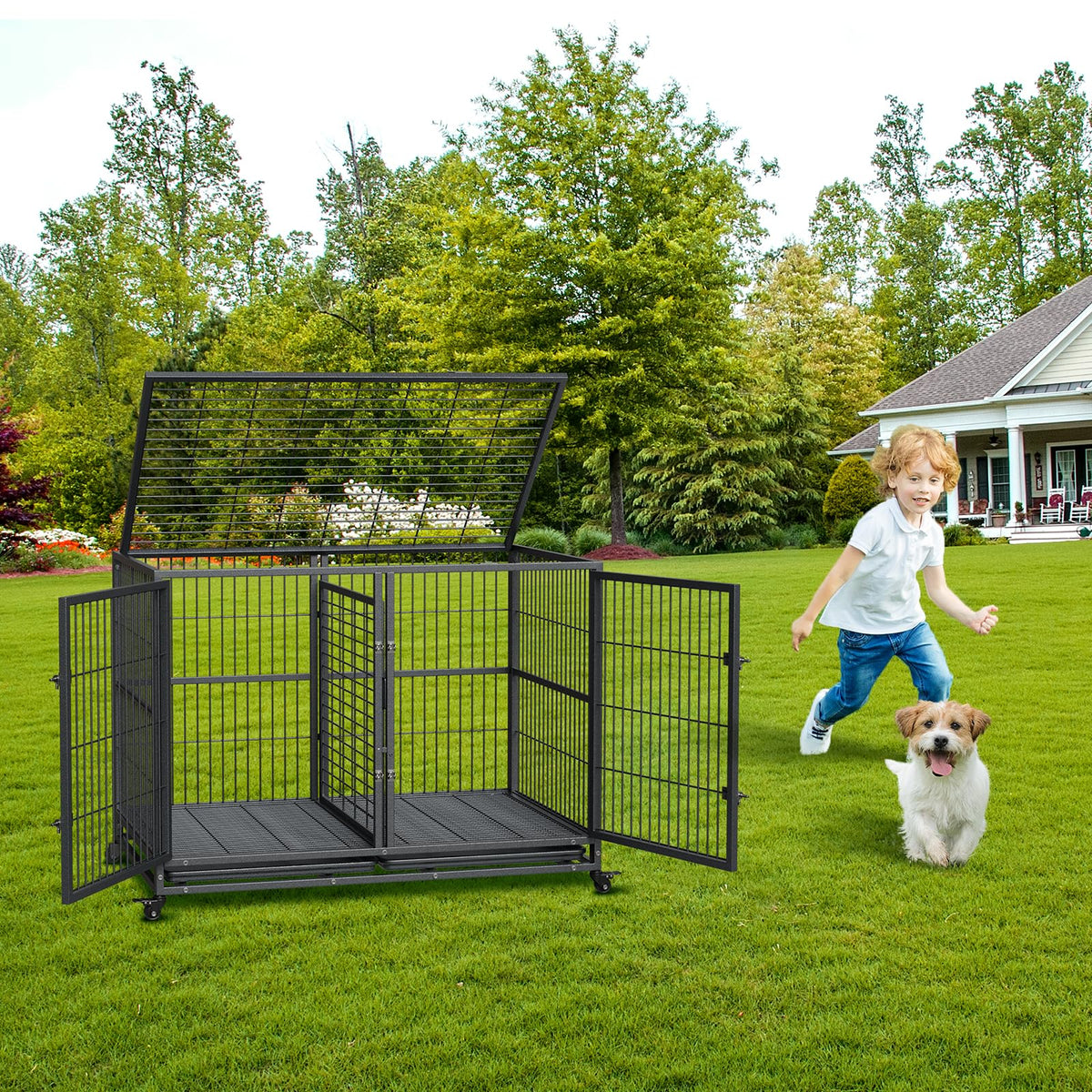 48 Inches Heavy Duty Metal Dog Crate with Divider and Wheels H414602