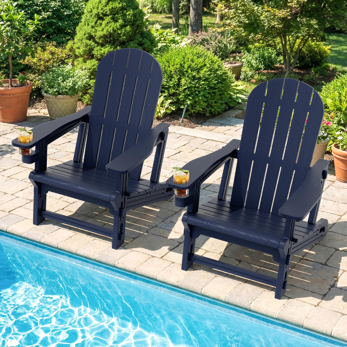 Dark Blue HDPE Adirondack Chairs Set of 2 with Cup Holder C32969