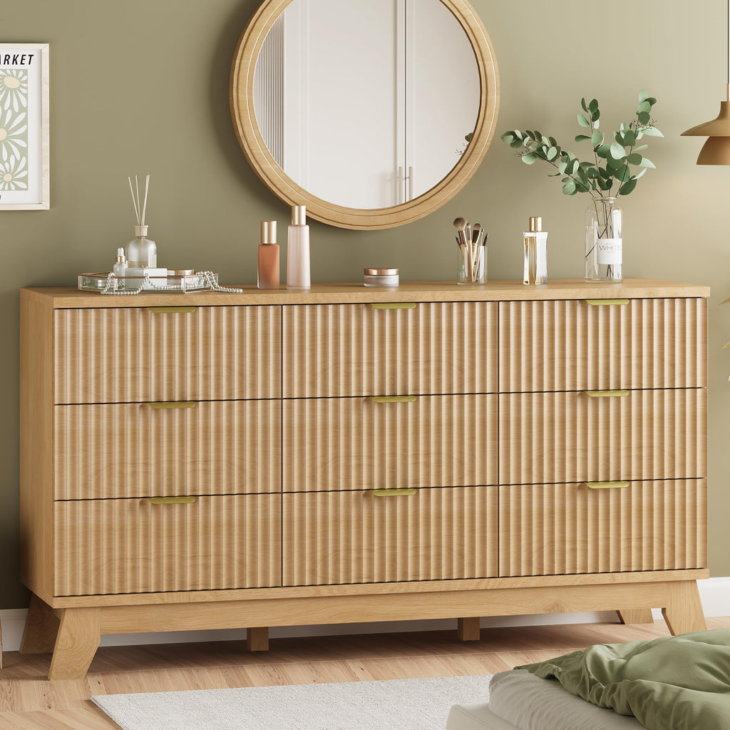 Natural Oak 9 Drawer Fluted Wood Dresser U842