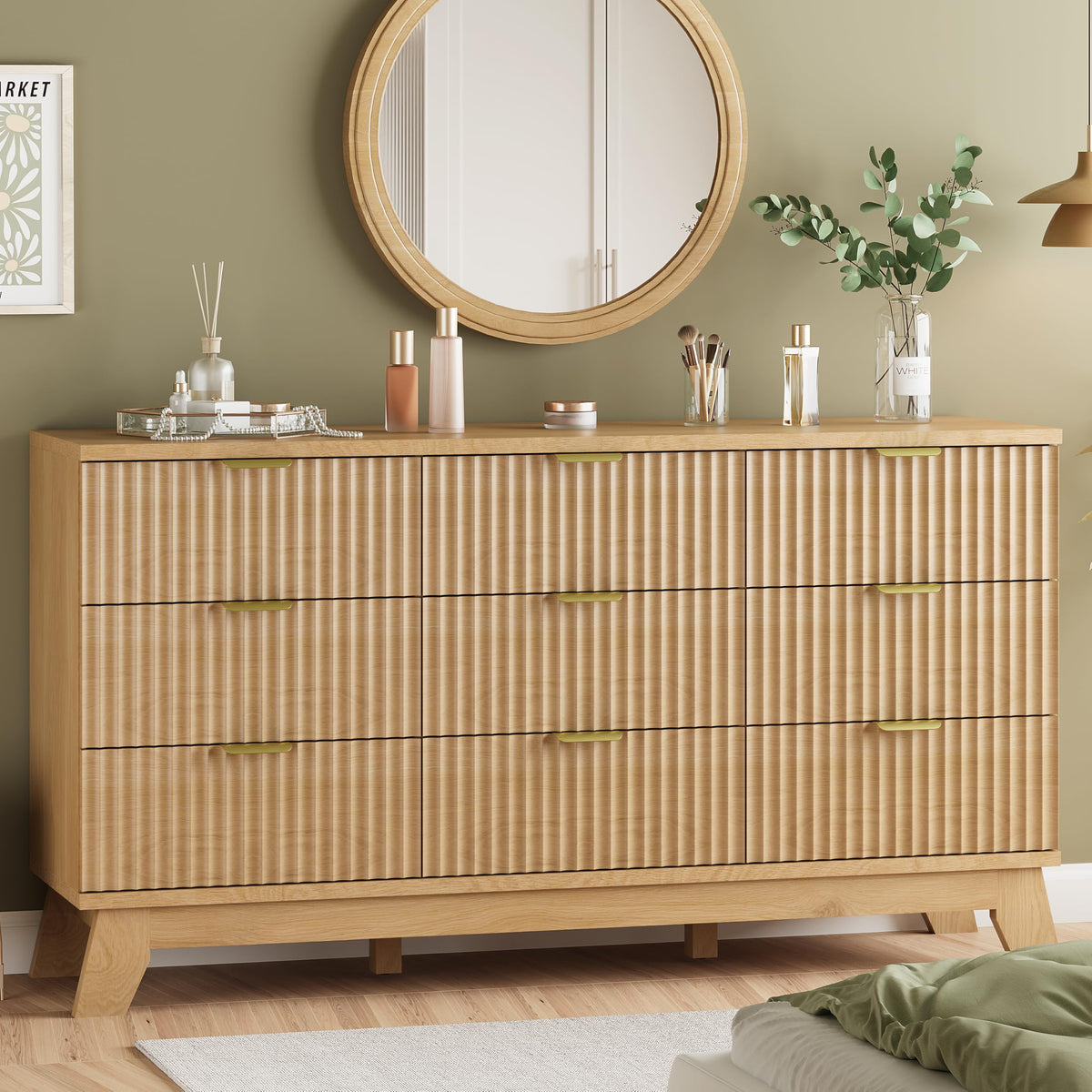 Natural Oak 9 Drawer Fluted Wood Dresser U842