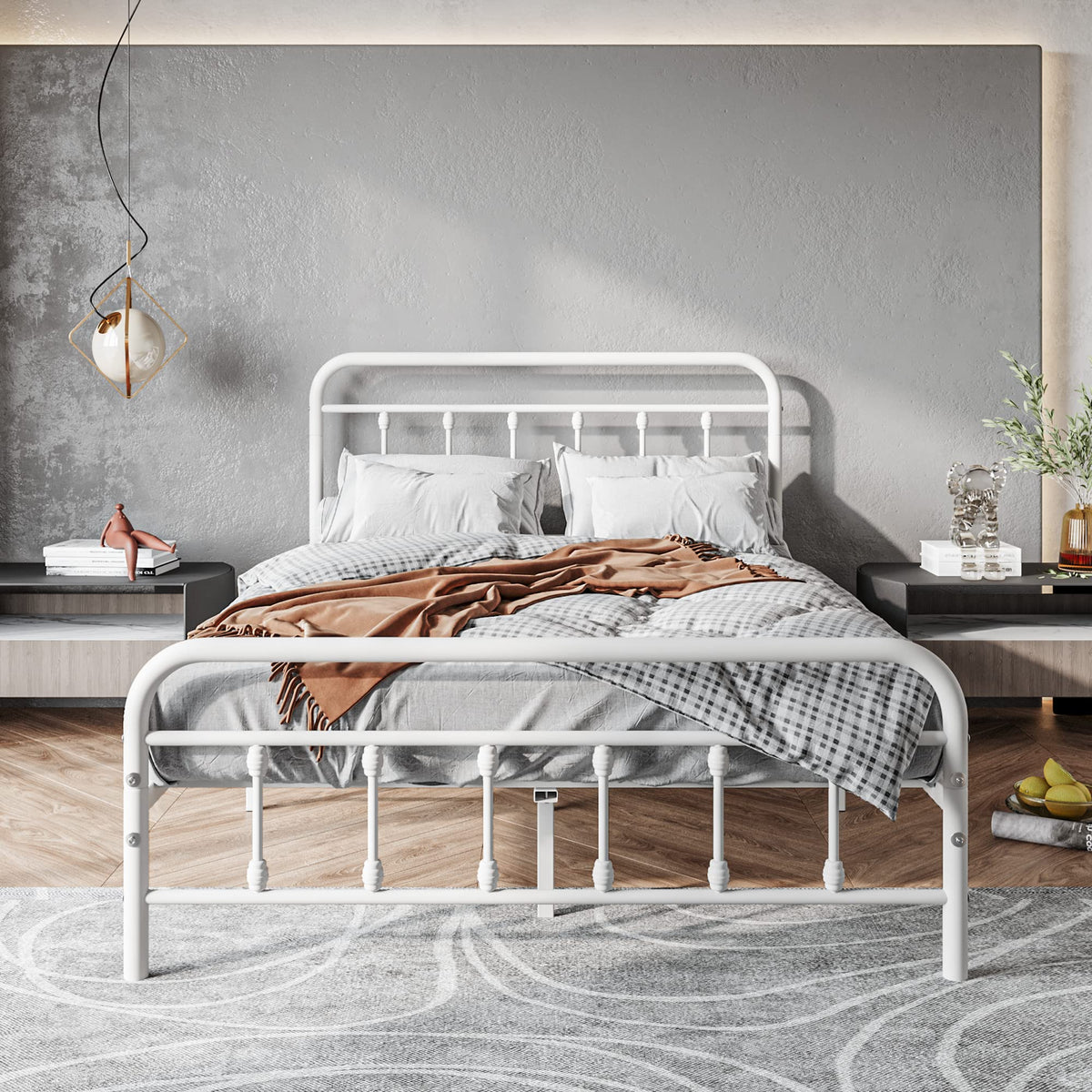 White Full Size Metal Bed Frame with Headboard and Footboard U794